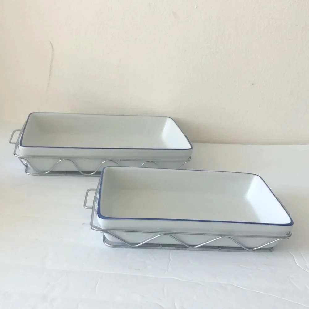 2 porcelain rectangular trays for microwave cookware in metal serving frame